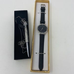 New Manhattan Croton Lady Black Analog Watch & Pen
